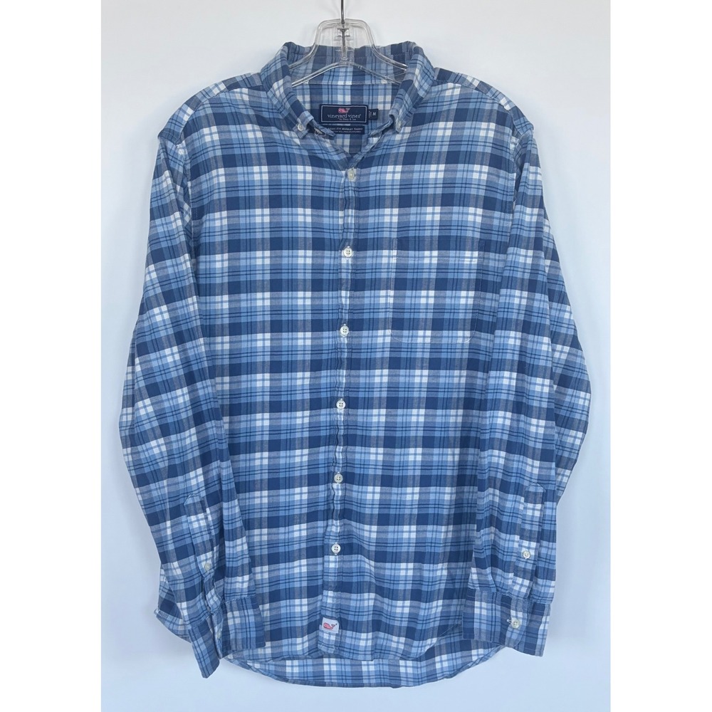 Vineyard Vines Classic Fit Murray Shirt Mens Med Blue Plaid Cotton Linen Blend